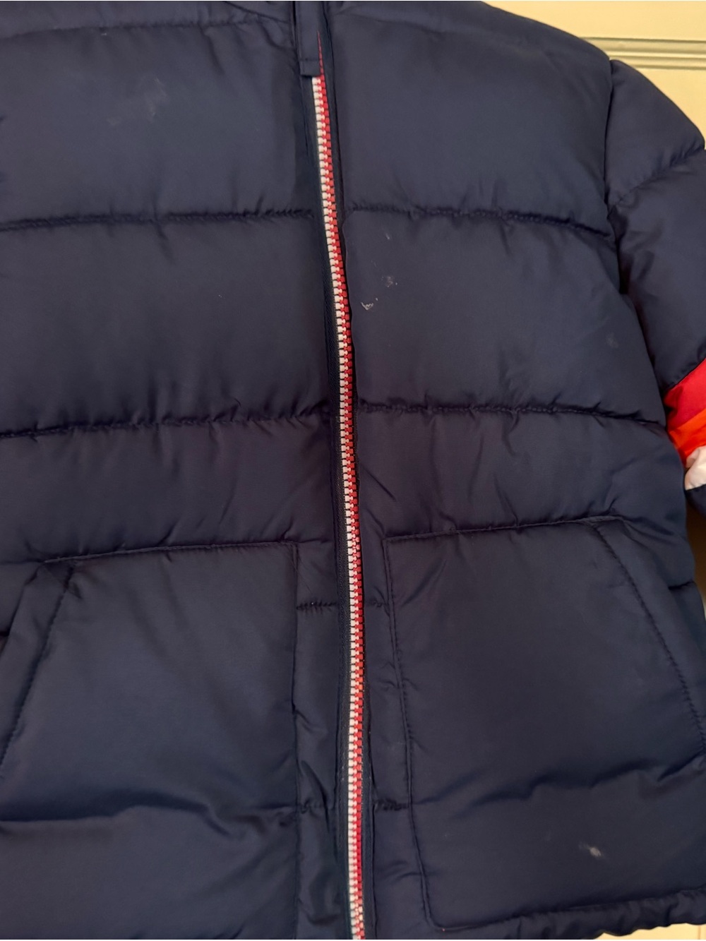 Children's Navy Puffer Jacket with Red Accent
